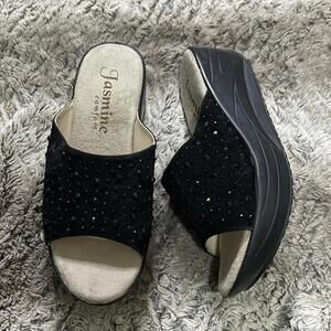 Vtg 90s/00s Y2K Black Velvet Beaded Embellished Chunky Platform Slide Sandals